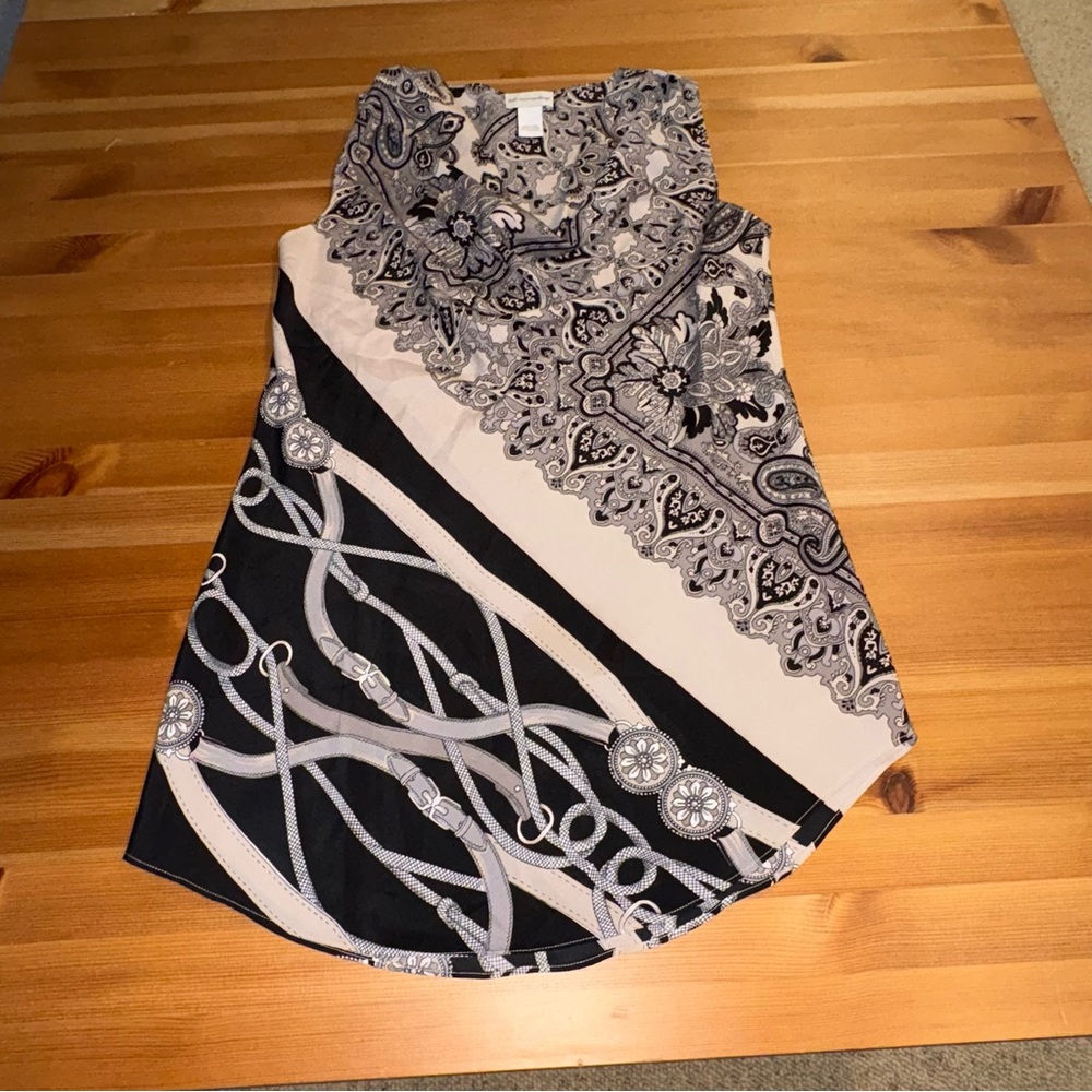 Soft Surroundings Sleeveless Tunic Top Small Cowl Neck Black Tan Paisley Chain